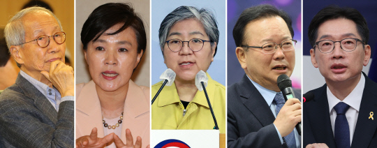 30일 출범하는 더불어민주당 '진짜 대한민국 선대위'에서 총괄선거대책위원장으로 영입된 윤여준(왼쪽부터) 전 환경부 장관, 강금실 전 법무부 장관, 정은경 전 질병관리청장, 김부겸 전 국무총리, 김경수 전 경남지사. 박찬대 민주당 대표 직무대행 겸 원내대표는 당연직으로 합류하며 윤여준 전 장관과 함께 상임총괄선대위원장 투톱을 맡는다. 김동명 한국노총 위원장도 공동총괄선대위원장에 합류한다.<연합뉴스 사진>